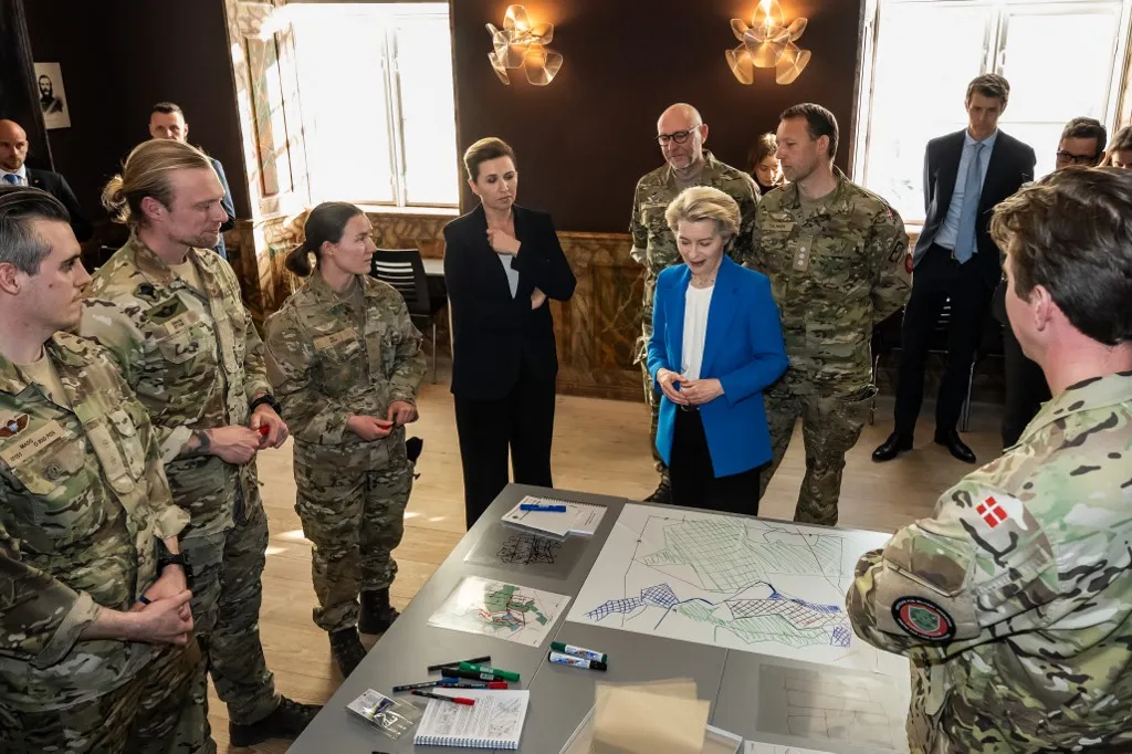 Prime Minister Mette Frederiksen (S) and President of the European Commission Ursula von der Leyen at the Army Officer School at Frederiksberg Castle in Copenhagen, Tuesday, March 18, 2025.. (Photo: Emil Nicolai Helms/Ritzau Scanpix) (Photo by Emil Nicolai Helms / Ritzau Scanpix via AFP)
