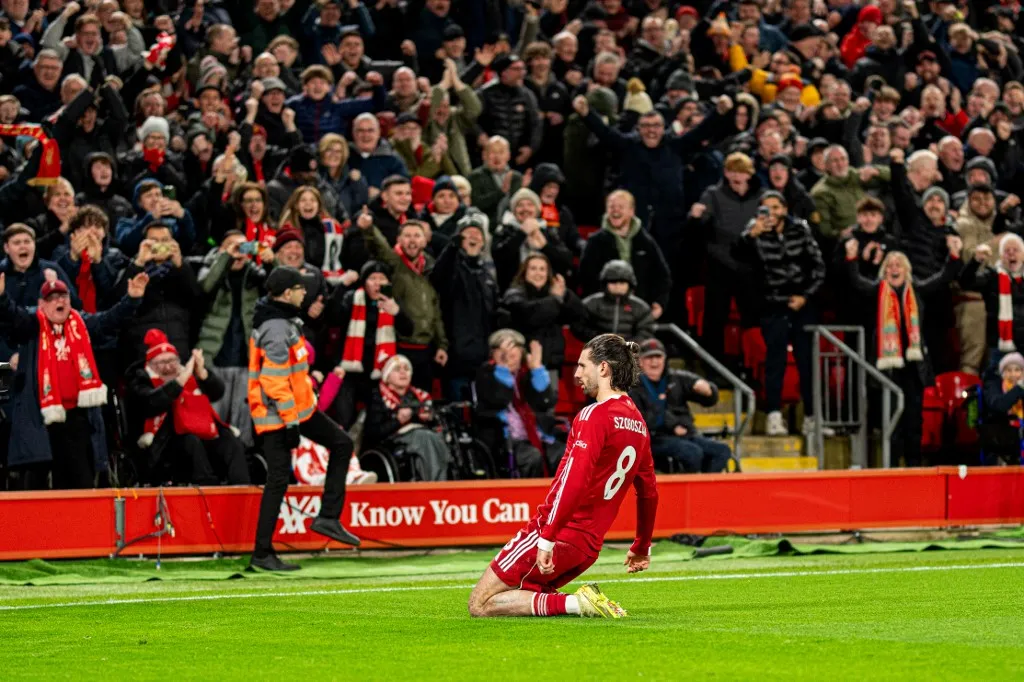 Dominik Szoboszlai of Liverpool celebrates after scoring during the Premier League match between Liverpool and Manchester City at Anfield in Liverpool, England, on February 8, 2026. (Photo by Steven Halliwell/MI News/NurPhoto) (Photo by MI News / NurPhoto via AFP)
