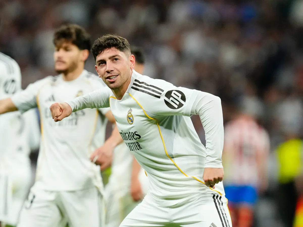 Federico Valverde central midfield of Real Madrid and Uruguay celebrates after scoring his sides first goal during the La Liga EA Sports match between Real Madrid CF and Girona FC at Estadio Santiago Bernabeu on April 10, 2026 in Madrid, Spain. (Photo by Jose Breton/Pics Action/NurPhoto) (Photo by Jose Breton / NurPhoto via AFP)