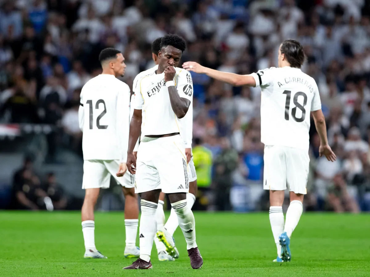 Vinicius Jr of Real Madrid celebrates a goal during the La Liga 2025/26 match between Real Madrid and Alaves at Santiago Bernabeu Stadium in Madrid, Spain, on April 21. (Photo by Guillermo Martinez/NurPhoto) (Photo by Guillermo Martinez / NurPhoto via AFP)