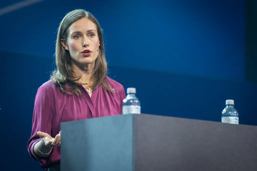 Finland's former Prime Minister Sanna Marin speaks during the Oslo Business Forum at Nova Spektrum in Lillestrøm, Norway, on September 26, 2024. (Photo by Heiko Junge / NTB / AFP) / Norway OUT