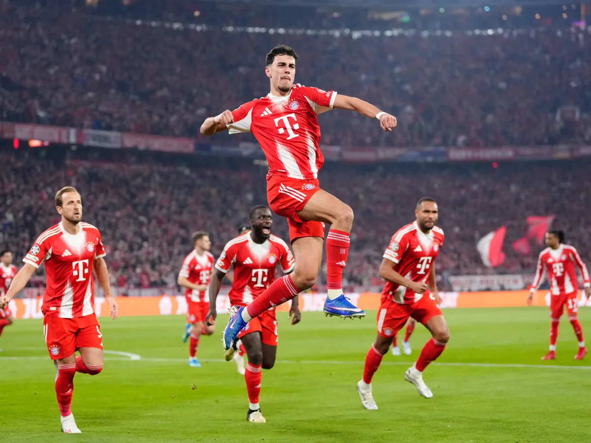 Aleksandar Pavlovic defensive midfield of Bayern Munchen and Germany celebrates after scoring his sides first goal during the UEFA Champions League 2025/26 Quarter-Final Second Leg match between FC Bayern München and Real Madrid CF at Football Arena Munich on April 15, 2026 in Munich, Germany. (Photo by Jose Breton/Pics Action/NurPhoto) (Photo by Jose Breton / NurPhoto via AFP)