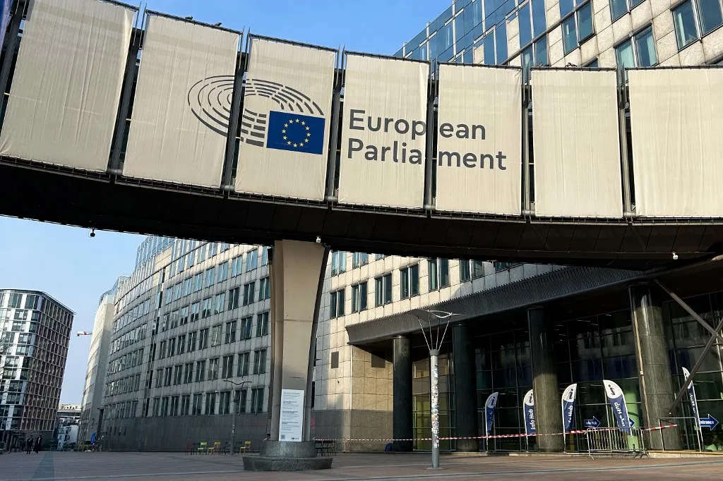 A view of the European Parliament building in Brussels, Belgium, on March 23, 2026. (Photo by JPix/NurPhoto) (Photo by JPix / NurPhoto via AFP)