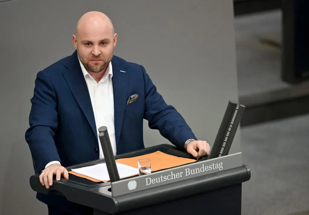 16 April 2026, Berlin: Markus Frohnmaier (AfD) speaks in the plenary chamber of the Bundestag. Photo: Markus Lenhardt/dpa (Photo by Markus Lenhardt / dpa Picture-Alliance via AFP)