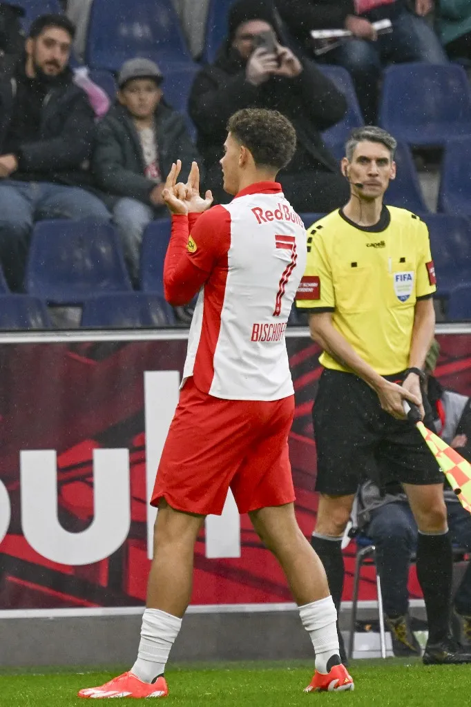 SALZBURG, AUSTRIA - NOVEMBER 2: Clement Bischoff of Salzburg celebrates his goal to make it 1:0 during the Admiral Bundesliga match between FC Red Bull Salzburg and SV Oberbank Ried at Red Bull Arena on November 2, 2025 in Salzburg, Austria. 251102_SEPA_26_005 - 20251102_PD4955 (Photo by Hans Peter Lottermoser / APA-PictureDesk / APA-Images via AFP)