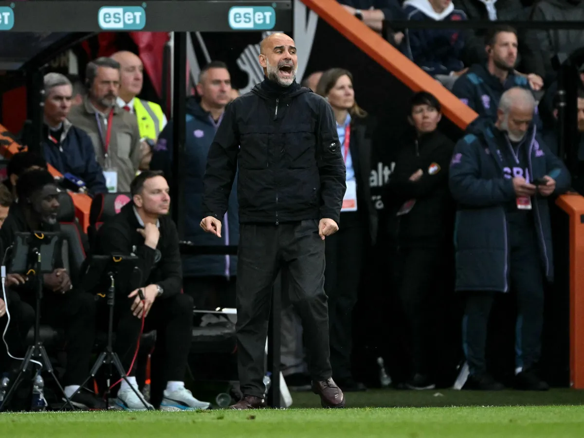 Manchester City's Spanish manager Pep Guardiola shouts instructions to the players from the touchline during the English Premier League football match between Bournemouth and Manchester City at the Vitality Stadium in Bournemouth, southern England on May 19, 2026. (Photo by Glyn KIRK / AFP) / RESTRICTED TO EDITORIAL USE. No use with unauthorized audio, video, data, fixture lists, club/league logos or 'live' services. Online in-match use limited to 120 images. An additional 40 images may be used in extra time. No video emulation. Social media in-match use limited to 120 images. An additional 40 images may be used in extra time. No use in betting publications, games or single club/league/player publications. / 