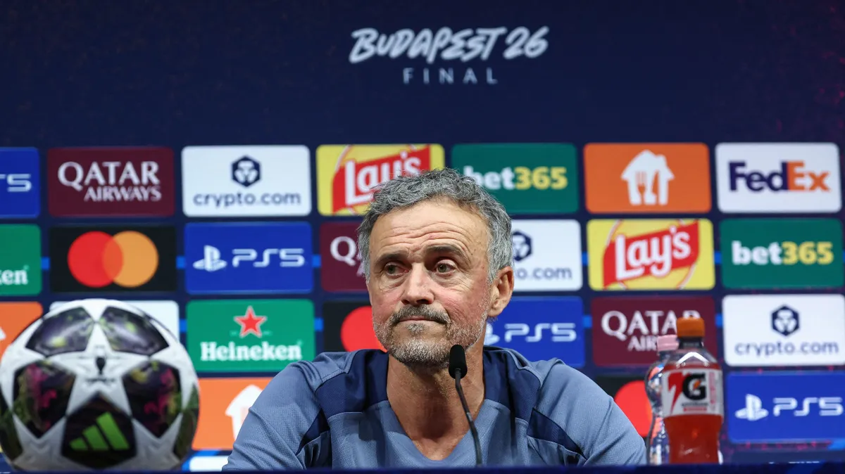 Paris Saint-Germain's Spanish headcoach Luis Enrique addresses a MD-1 press conference on May 29, 2026, the eve of the UEFA Champions League final football match between Paris Saint-Germain (PSG) and Arsenal at the Puskas Arena in Budapest. Paris Saint-Germain (PSG) face Arsenal in the UEFA Champions League final football match on May 30, 2026 in Budapest. (Photo by FRANCK FIFE / POOL / AFP)