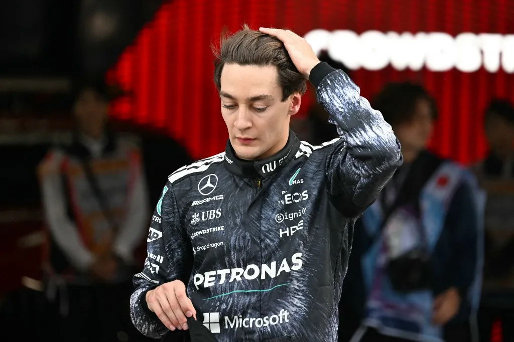 Mercedes' British driver George Russell reacts after the qualifying session ahead of the Formula One Japanese Grand Prix at the Suzuka circuit in Suzuka, Mie prefecture on March 28, 2026. (Photo by Toshifumi KITAMURA / AFP)