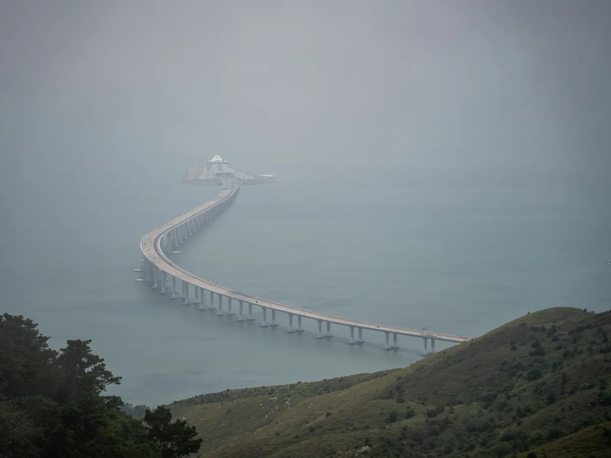 A general view is showing the Hong Kong-Zhuhai-Macao Bridge in Hong Kong, China, on June 13, 2024. (Photo by Vernon Yuen/NurPhoto) (Photo by Vernon Yuen / NurPhoto via AFP)