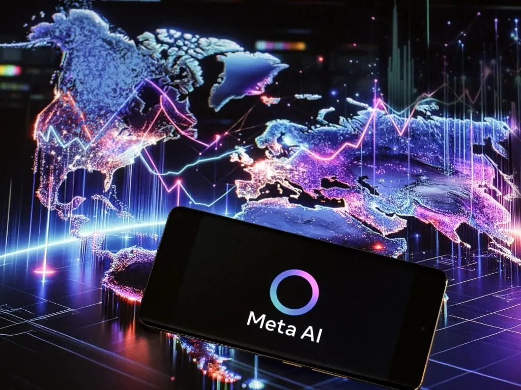 In this photo illustration the Meta AI logo is shown on a mobile phone screen against an illustration of world map as DeepSeek introduces new model of its start-up and proofs again that it is a strong global competitor in artificial infelligence technology - May 4, 2026. (Photo by Dominika Zarzycka/NurPhoto) (Photo by Dominika Zarzycka / NurPhoto via AFP)