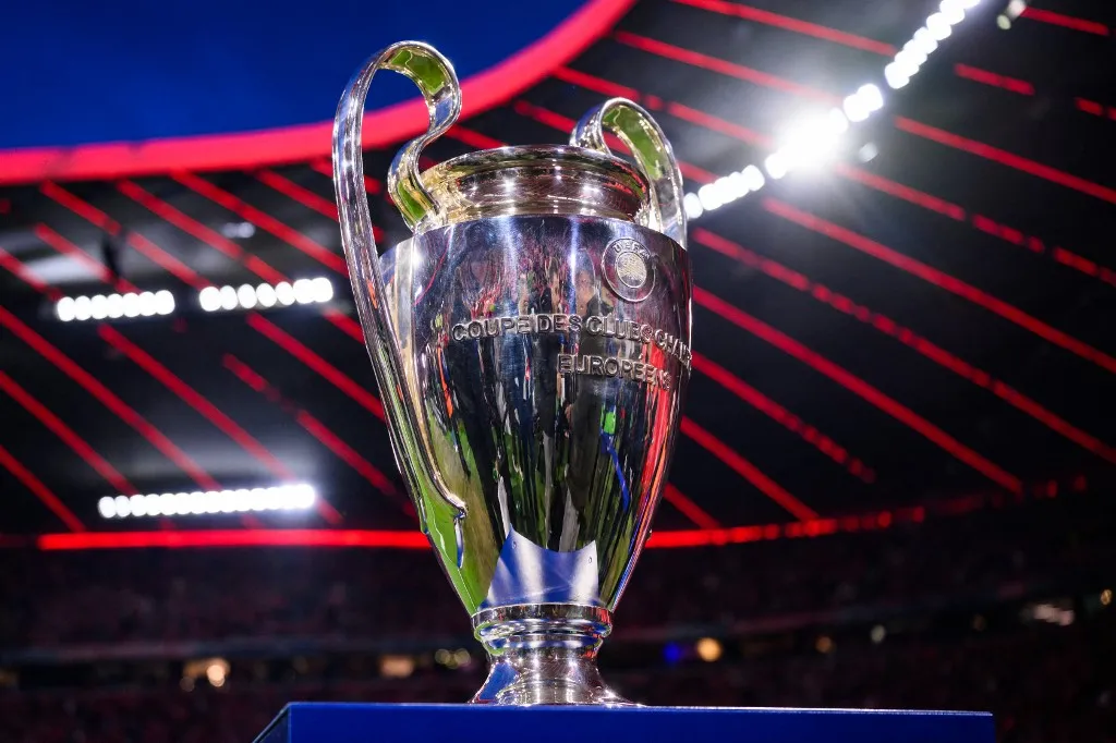 06 May 2026, Bavaria, Munich: Soccer, men: Champions League, Bayern Munich - Paris Saint-Germain, knockout round, semi-final, second leg, Allianz Arena. The Champions League trophy is in the stadium before the game. Photo: Tom Weller/dpa (Photo by Tom Weller / dpa Picture-Alliance via AFP)