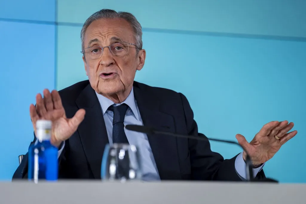 Florentino Perez, President of Real Madrid, speaks during a press conference announcing that he will call elections for the presidency of Real Madrid at Ciudad Real Madrid on May 12, 2026, in Madrid, Spain. (Photo by Alberto Gardin/NurPhoto) (Photo by Alberto Gardin / NurPhoto via AFP)