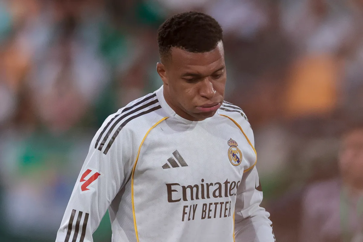 Kylian Mbappe of Real Madrid CF reacts to a missed opportunity during the La Liga EA Sports match between Real Betis and Real Madrid at La Cartuja Stadium in Seville, Spain, on April 24, 2026. (Photo by Jose Luis Contreras/NurPhoto) (Photo by Jose Luis Contreras / NurPhoto via AFP)