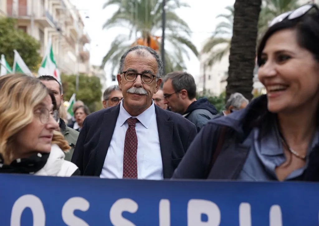 Sandro Ruotolo is attending the ''No Bridge'' procession in Messina, Italy, on December 2, 2023, to protest against the construction of the bridge over the Strait of Messina and the policies of the government led by Prime Minister Giorgia Meloni and Minister Matteo Salvini. (Photo by Gabriele Maricchiolo/NurPhoto) (Photo by Gabriele Maricchiolo / NurPhoto via AFP)