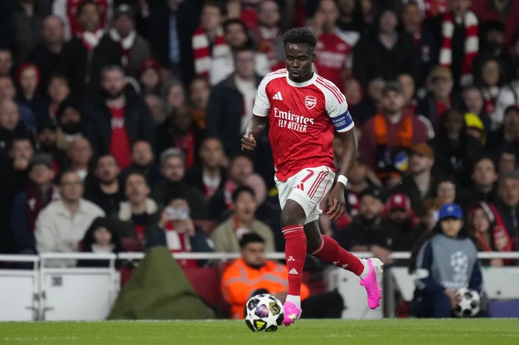 Bukayo Saka right winger of Arsenal and England during the UEFA Champions League 2025/26 Semi Final Second Leg match between Arsenal FC and Atletico de Madrid at Arsenal Stadium on May 5, 2026 in London, England. (Photo by Jose Breton/Pics Action/NurPhoto) (Photo by Jose Breton / NurPhoto via AFP)