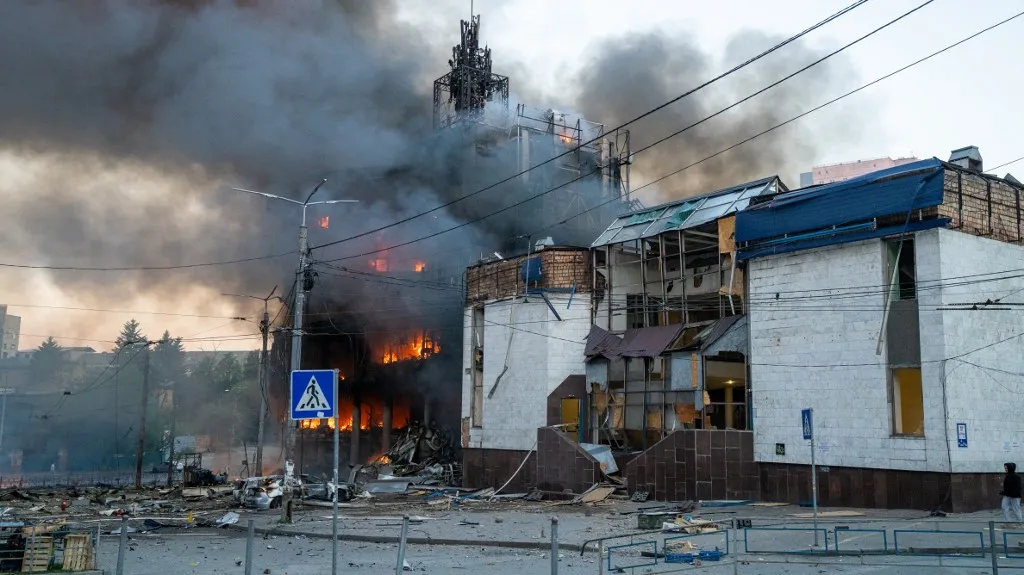 KYIV, UKRAINE - MAY 24: A view of damage and destruction after Russia targeted the Ukrainian capital of Kyiv with a series of ballistic missile strikes on Sunday, May 24, 2026 in Kyiv, Ukraine. According to local sources, residents heard heavy explosions across the city as air defense systems engaged incoming targets. Authorities urged citizens to remain in shelters during the ongoing bombardment. Arif Murat Kayacan / Anadolu (Photo by Arif Murat Kayacan / Anadolu via AFP)