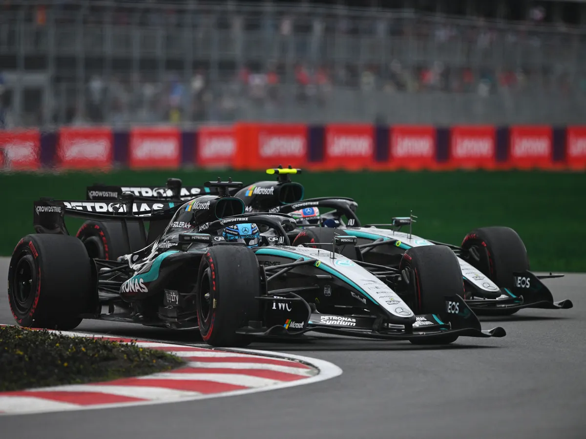 MONTREAL, QUEBEC - MAY 24: George Russell of Great Britain driving the (63) Mercedes AMG Petronas F1 Team W17 leads Andrea Kimi Antonelli of Italy driving the (12) Mercedes AMG Petronas F1 Team W17 on track during the F1 Grand Prix of Canada at Circuit Gilles-Villeneuve on May 24, 2026 in Montreal, Quebec. Rudy Carezzevoli/Getty Images/AFP (Photo by Rudy Carezzevoli / GETTY IMAGES NORTH AMERICA / Getty Images via AFP)