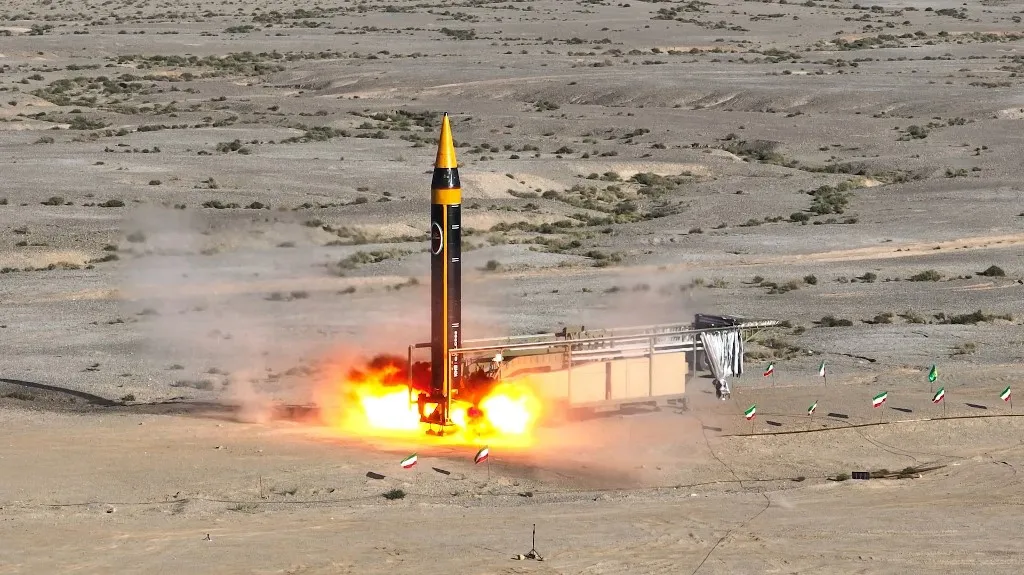 A handout picture provided by Iran's Defence Ministry on May 25, 2023, shows the testing of the fourth generation Khorramshahr ballistic missile, named Khaibar, at an undisclosed location. Iran's defence ministry unveiled a new ballistic missile with a range of 2,000 kilometres (1,242 miles) and a capacity to carry warheads weighing over a tonne. The Kheibar missile -- the latest version of the Khorramshahr which is Iran's longest-range missile to date -- was unveiled alongside a replica of the Al-Aqsa mosque in east Jerusalem, in a live broascast on state television. (Photo by IRANIAN DEFENCE MINISTRY / AFP) / == RESTRICTED TO EDITORIAL USE - MANDATORY CREDIT "AFP PHOTO / HO /IRANIAN DEFENCE MINISTRY WEBSITE" - NO MARKETING NO ADVERTISING CAMPAIGNS - DISTRIBUTED AS A SERVICE TO CLIENTS ==