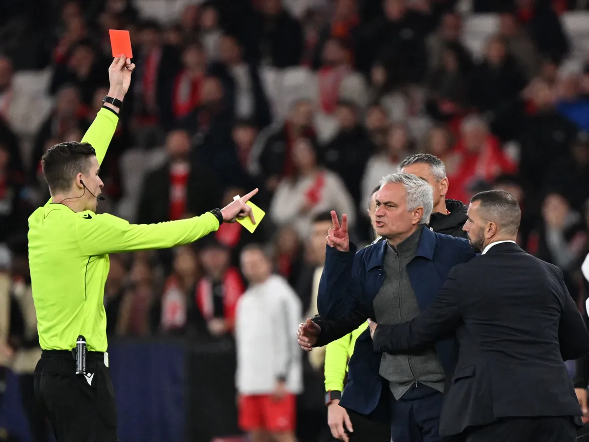 LISBON, PORTUGAL - FEBRUARY 17: Benfica head coach Jose Mourinho receives a red card after being shown a yellow card during the UEFA Champions League match between SL Benfica and Real Madrid at Estadio da Luz in Lisbon, Portugal, on February 17, 2026. Zed Jameson / Anadolu (Photo by Zed Jameson / Anadolu via AFP)