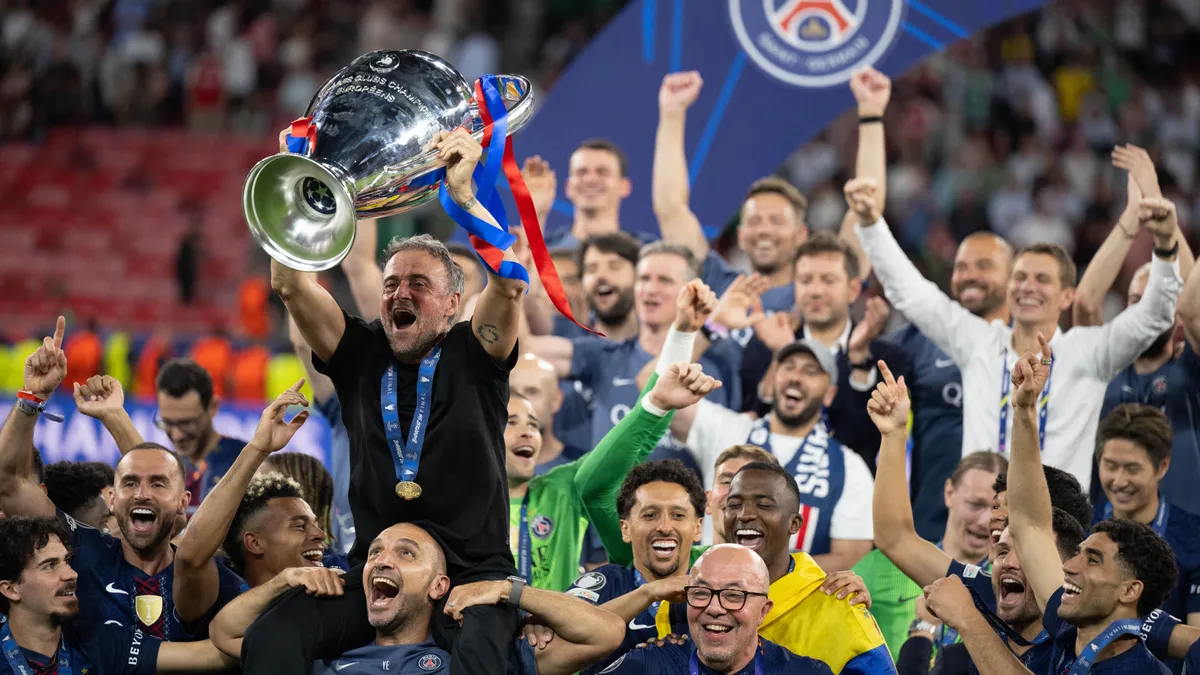 Paris Saint-Germain manager Luis Enrique celebrates winning the UEFA Champions League following his team's victory over Arsenal at Puskas Arena in Budapest, Hungary, on May 30, 2026. (Photo by Giacomo Cosua/NurPhoto) (Photo by Giacomo Cosua / NurPhoto via AFP)
