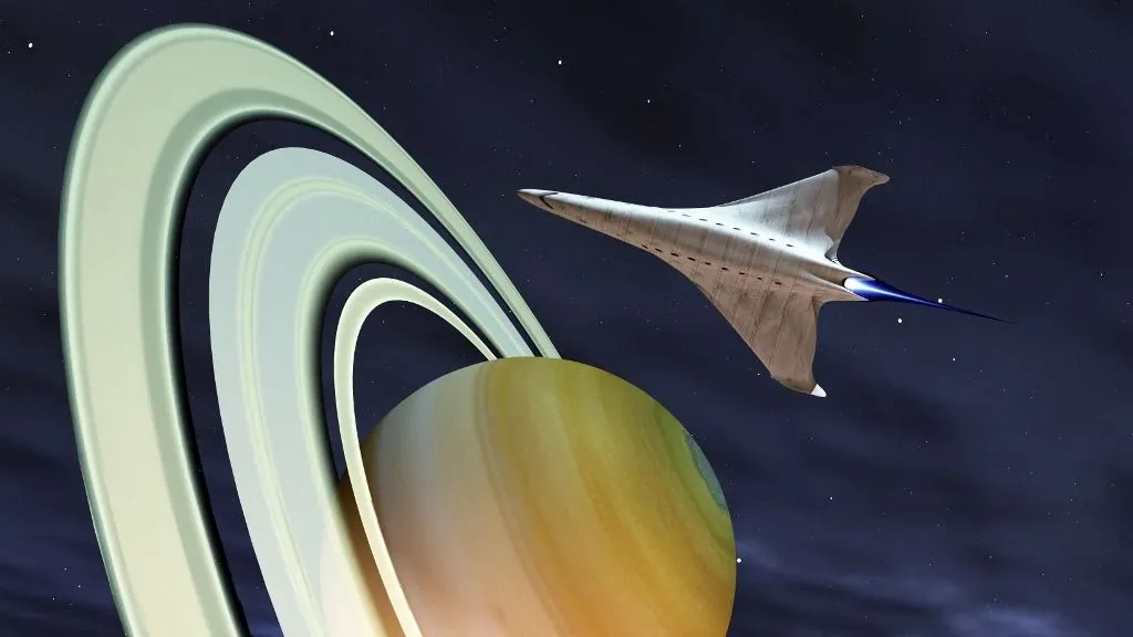 Szaturnusz A spaceship from Earth visits the planet Saturn with its ring system. (Photo by Corey Ford / StockTrek Images via AFP)