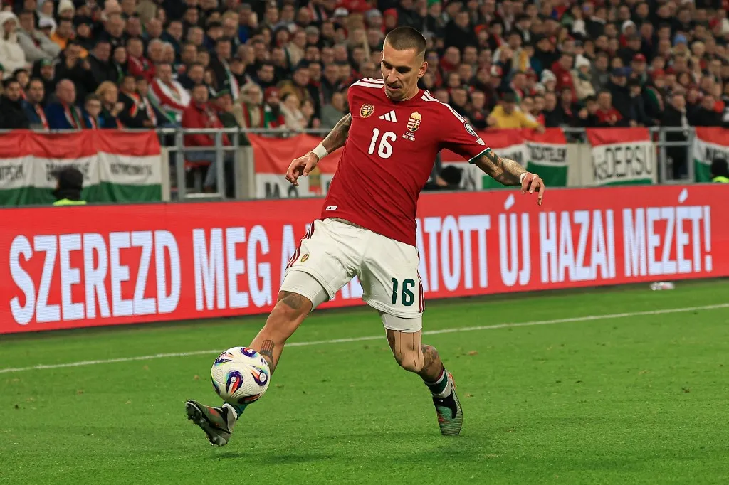 Daniel Lukacs of Hungary participates in the FIFA 2026 World Cup Qualifiers match at Puskas Arena in Budapest, Hungary, on November 16, 2025. (Photo by Pal Gollner/NurPhoto) (Photo by Pál Göllner / NurPhoto via AFP)