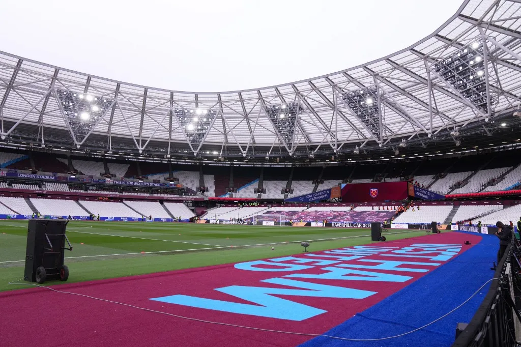 General view of the London Stadium ahead of the Premier League match between West Ham United and Wolverhampton Wanderers in London, United Kingdom, on April 10, 2026. (Photo by Harvey Murphy/News Images/NurPhoto) (Photo by News Images / NurPhoto via AFP)