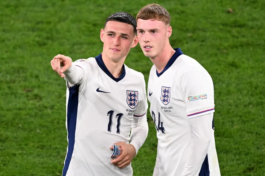 (FILES) England's midfielder #11 Phil Foden and England's midfielder #24 Cole Palmer celebrate at the end of the UEFA Euro 2024 semi-final football match between the Netherlands and England at the BVB Stadion in Dortmund on July 10, 2024. Cole Palmer and Phil Foden were among a number of high-profile names excluded by Thomas Tuchel from England's World Cup squad on May 22, 2026. (Photo by Kirill KUDRYAVTSEV / AFP)