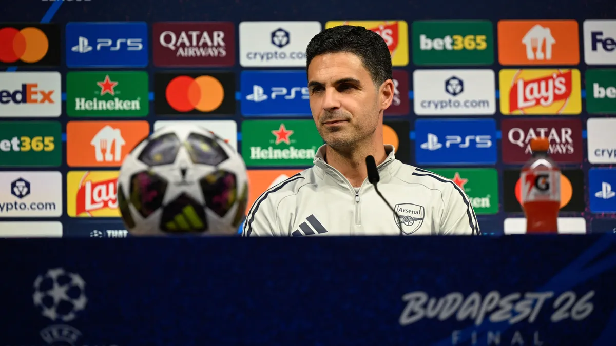 Arsenal's Spanish manager Mikel Arteta addresses a MD-1 press conference on May 29, 2026, the eve of the UEFA Champions League final football match between Paris Saint-Germain (PSG) and Arsenal at the Puskas Arena in Budapest. Paris Saint-Germain (PSG) face Arsenal in the UEFA Champions League final football match on May 30, 2026 in Budapest. (Photo by INA FASSBENDER / AFP)
