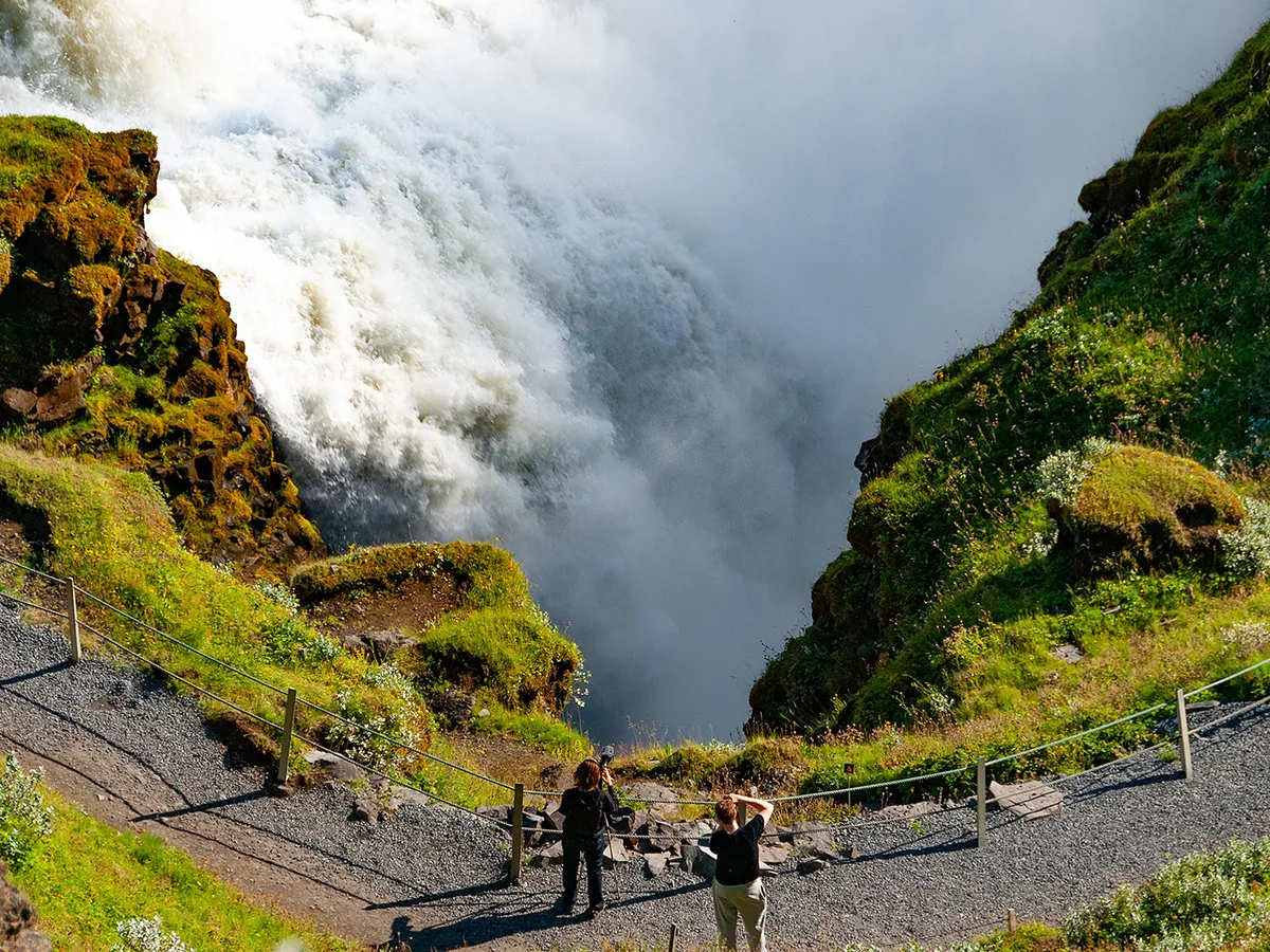 Gullfoss is two separate waterfalls; the upper one has a drop of 11 meters and the lower one 21 meters. In south Iceland.