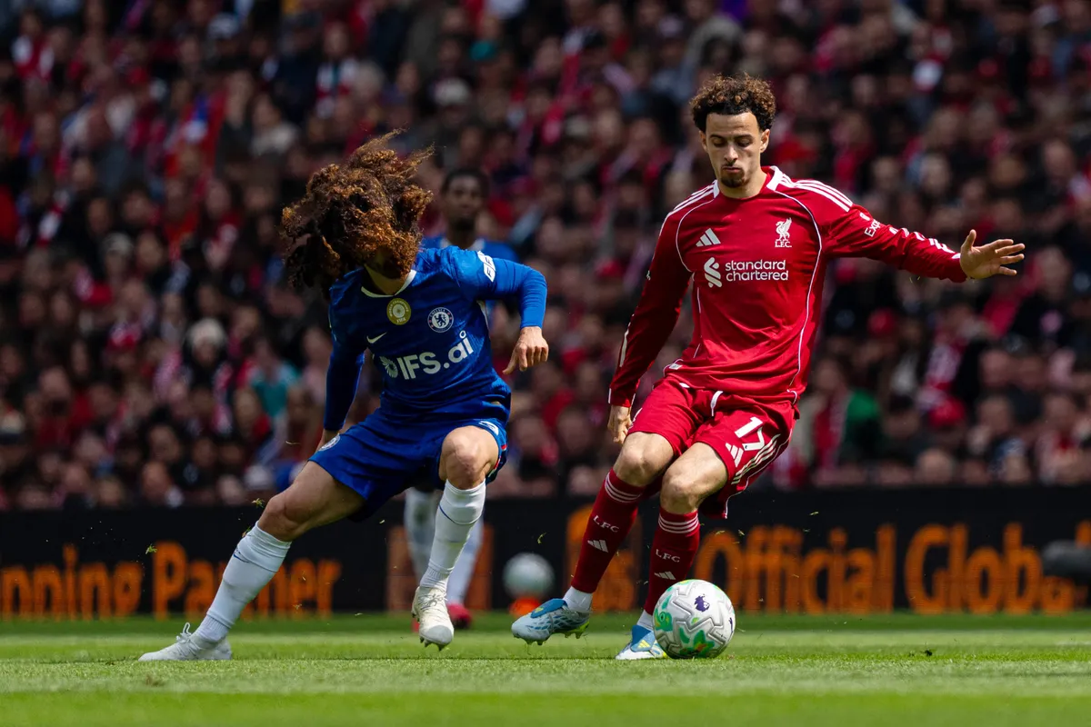 Liverpool's Curtis Jones in action with Marc Cucurella of Chelsea during the Premier League match between Liverpool and Chelsea at Anfield, Liverpool, on May 9, 2026. (Photo by Steven Halliwell/MI News/NurPhoto) (Photo by MI News / NurPhoto via AFP)