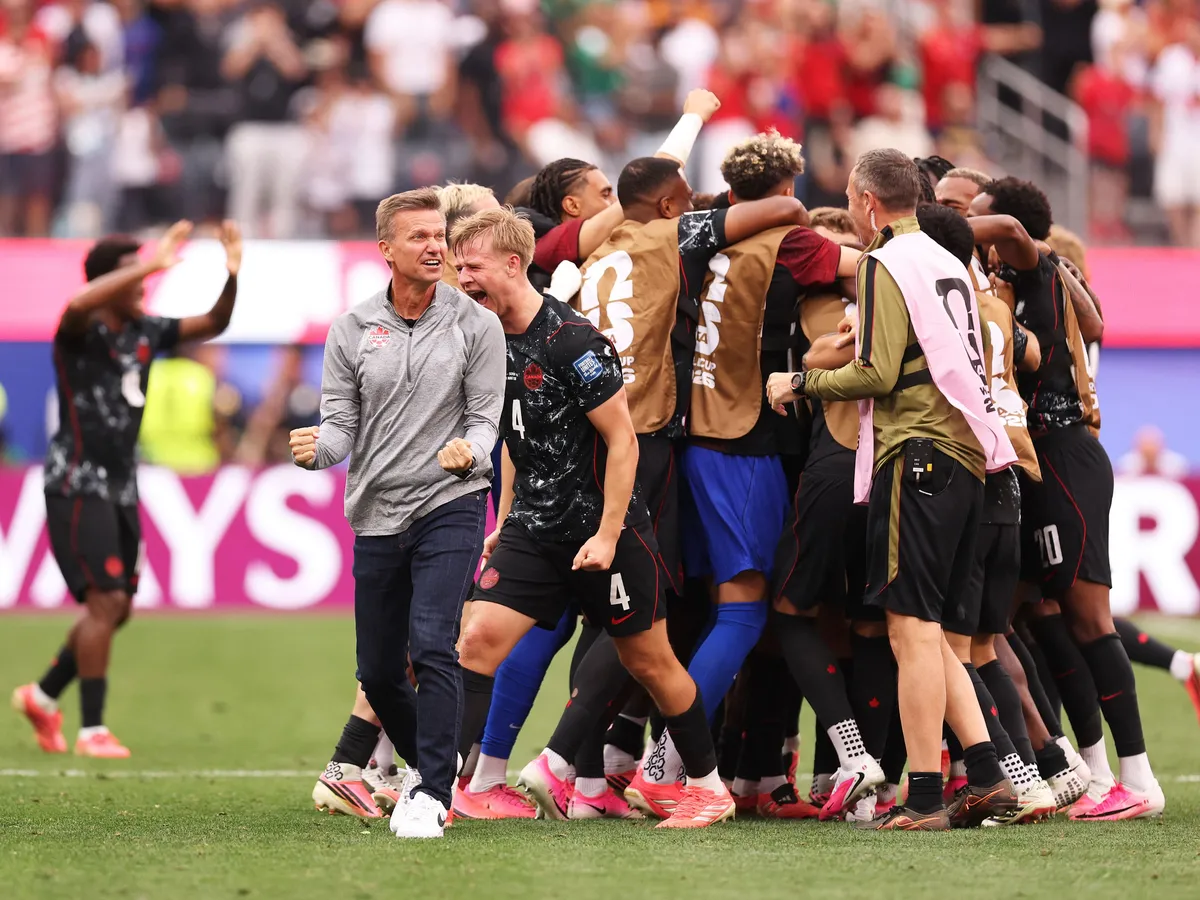 INGLEWOOD, CALIFORNIA - JUNE 28: Jesse Marsch, Head Coach of Canada, celebrates after his side's first goal scored by Stephen Eustaquio #7 of Canada (obscured) during the FIFA World Cup 2026 Round Of 32 match between South Africa and Canada at Los Angeles Stadium on June 28, 2026 in Inglewood, California. Fran Santiago/Getty Images/AFP (Photo by Fran Santiago / GETTY IMAGES NORTH AMERICA / Getty Images via AFP)