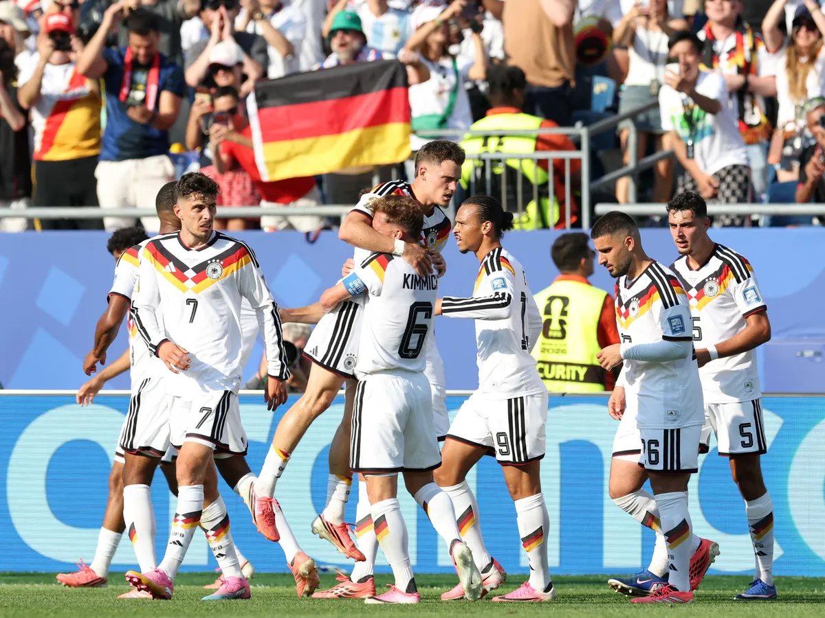 FOXBOROUGH, MASSACHUSETTS - JUNE 29: Kai Havertz #7 of Germany celebrates with teammates after scoring his team's first goal during the FIFA World Cup 2026 Round Of 32 match between Germany and Paraguay at Boston Stadium on June 29, 2026 in Foxborough, Massachusetts.   Alexander Hassenstein/Getty Images/AFP (Photo by ALEXANDER HASSENSTEIN / GETTY IMAGES NORTH AMERICA / Getty Images via AFP)