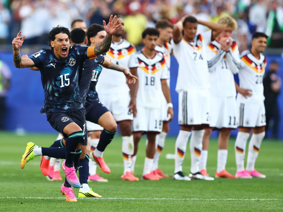 FOXBOROUGH, MASSACHUSETTS - JUNE 29: Gustavo Gomez #15 of Paraguay celebrates after Jose Canale #13 scores the winning penalty in a penalty shootout during the FIFA World Cup 2026 Round Of 32 match between Germany and Paraguay at Boston Stadium on June 29, 2026 in Foxborough, Massachusetts.   Robert Cianflone/Getty Images/AFP (Photo by ROBERT CIANFLONE / GETTY IMAGES NORTH AMERICA / Getty Images via AFP)