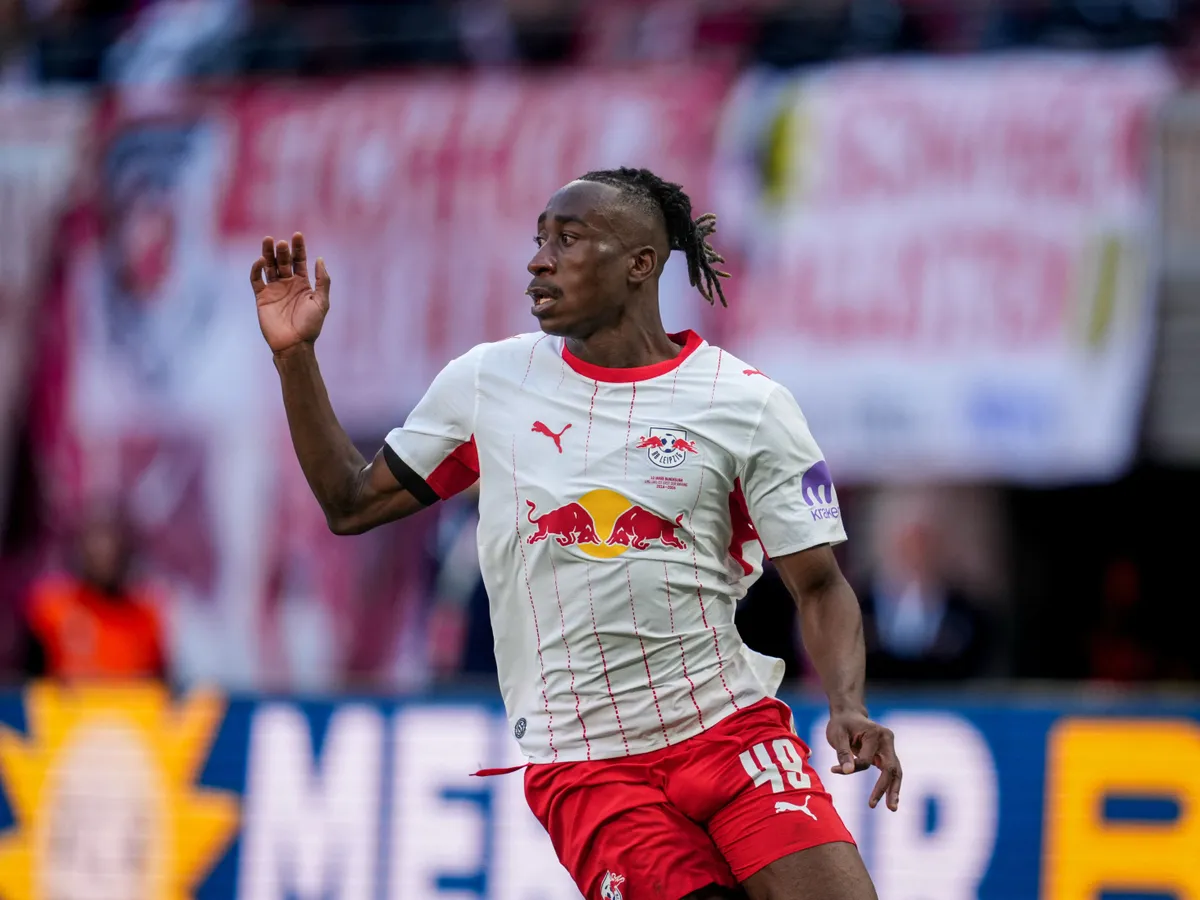 Yan Diomande (RB Leipzig) looks on during match day 33 1.Bundesliga, RB Leipzig and St. Pauli, Red Bull Arena, Leipzig, Germany on May 09 2026. (Photo by Ulrik Pedersen/NurPhoto) (Photo by Ulrik Pedersen / NurPhoto via AFP)