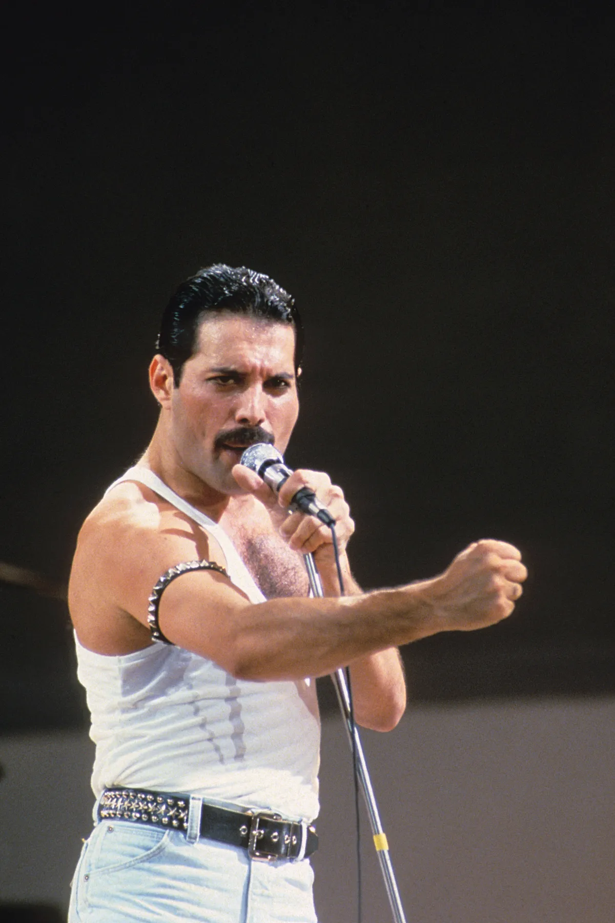 Freddie Mercury of Queen performing on stage. Freddie Mercury 1985