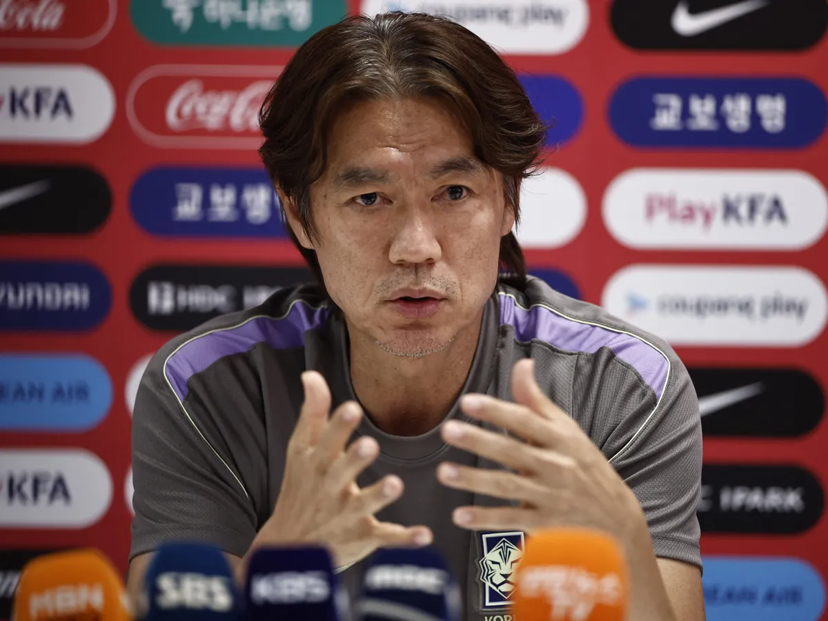 South Korea's head coach Hong Myung-bo gives a press conference at Chivas Verde Valle in Guadalajara, Mexico on June 25, 2026, during the 2026 World Cup football tournament. (Photo by Ulises RUIZ / AFP)