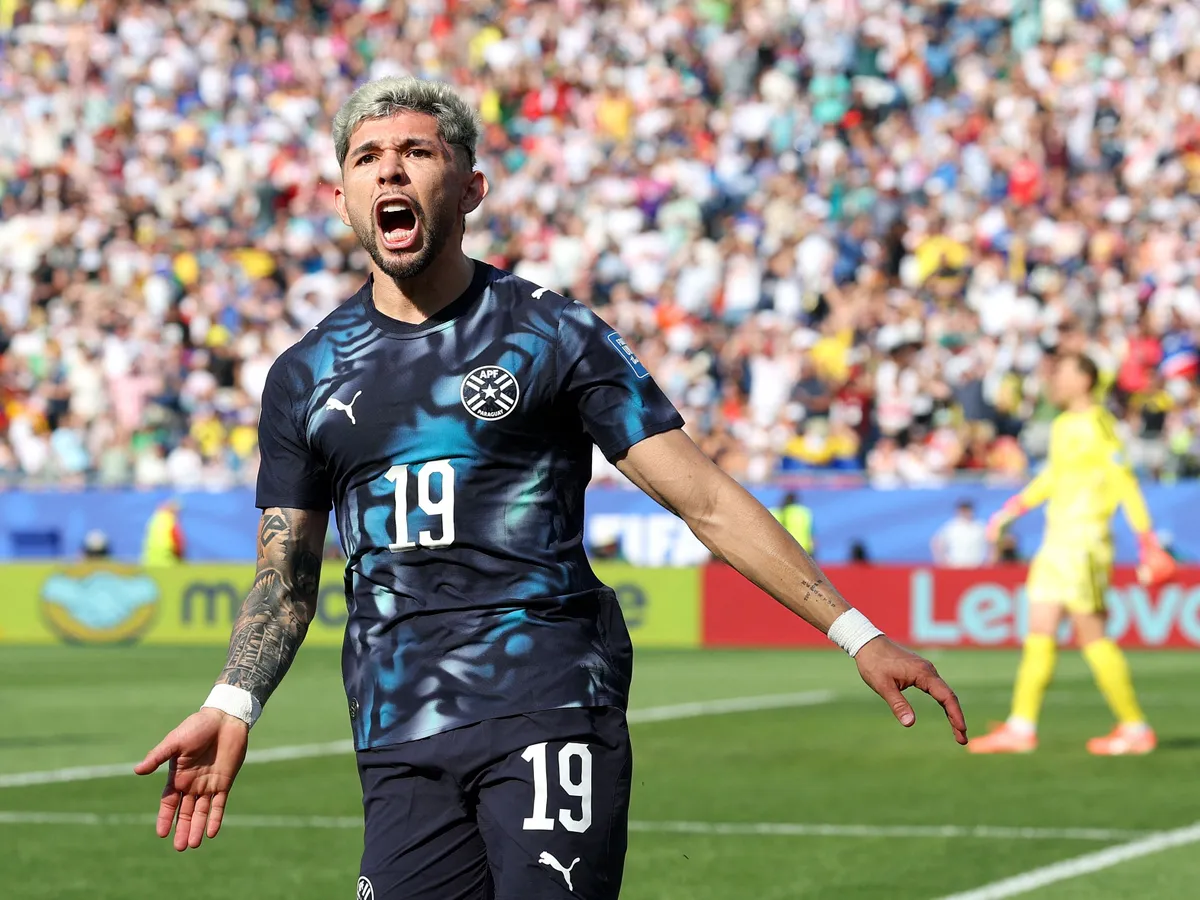 FOXBOROUGH, MASSACHUSETTS - JUNE 29: Julio Enciso #19 of Paraguay celebrates scoring his team's first goal during the FIFA World Cup 2026 Round Of 32 match between Germany and Paraguay at Boston Stadium on June 29, 2026 in Foxborough, Massachusetts.   Alexander Hassenstein/Getty Images/AFP (Photo by ALEXANDER HASSENSTEIN / GETTY IMAGES NORTH AMERICA / Getty Images via AFP)
