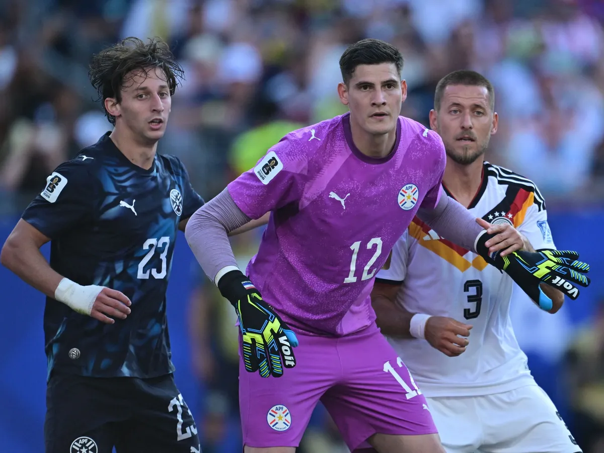 FOXBOROUGH, USA - JUNE 29: Waldemar Anton (3) of Germany in action against Orlando Gill (12) of Paraguay during the 2026 FIFA World Cup Round of 32 match between Germany and Paraguay at Boston Stadium (Gillette Stadium) in Foxborough, Massachusetts, United States on June 29, 2026. Abdulhamid Hosbas / Anadolu (Photo by ABDULHAMID HOSBAS / Anadolu via AFP)