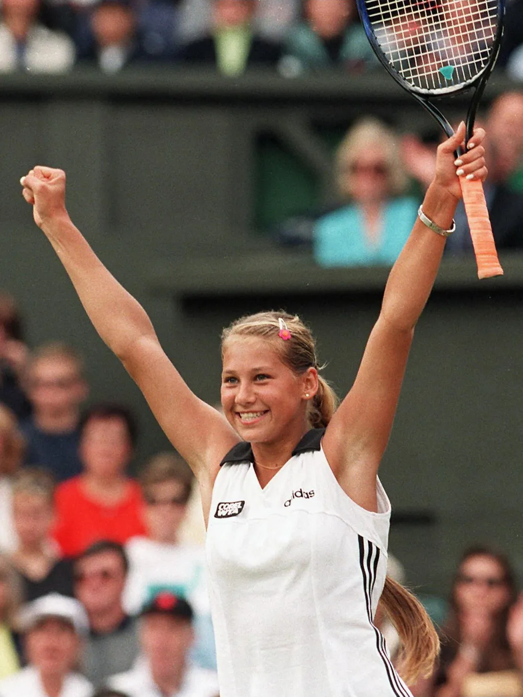 Anna Kurnyikova, AnnaKurnyikova,  Russian Anna Kournikova shows her joy at knocking out French Open winner, Croat Iva Majoli, 02  July during their ladies quarter-final match at the Wimbledon Championships. The 16 year-old could meet Swiss Martina Hingis 