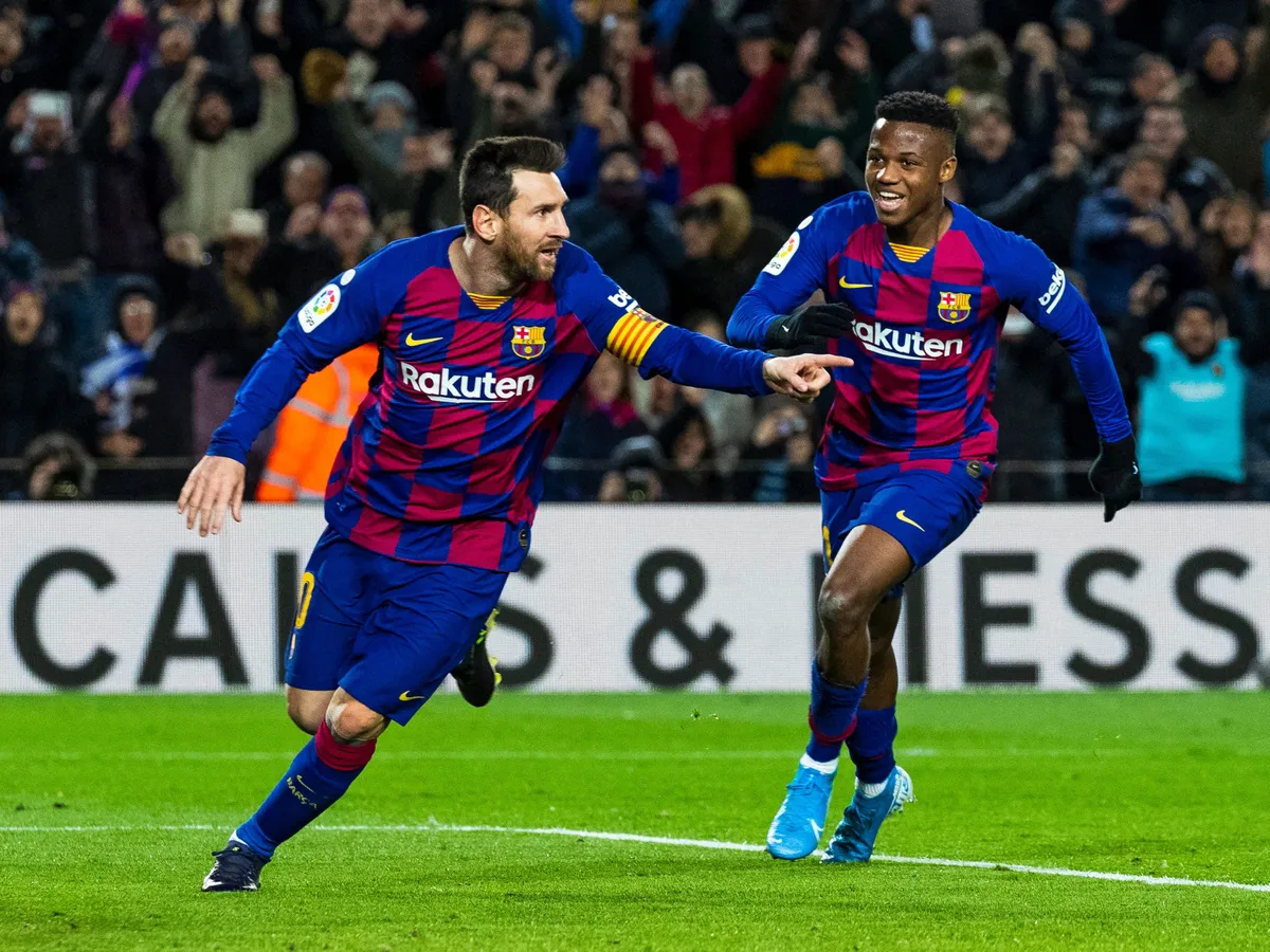 Leo Messi and Ansu Fati celebration during the match between FC Barcelona and Granada CF, corresponding to the week 20 of the Liga Santander, played at the Camp Nou Stadium, on 20th January 2020, in Barcelona, Spain. (Photo by Joan Gosa/Urbanandsport /NurPhoto) (Photo by Joan Gosa/Urbanandsport / NurPhoto via AFP)
