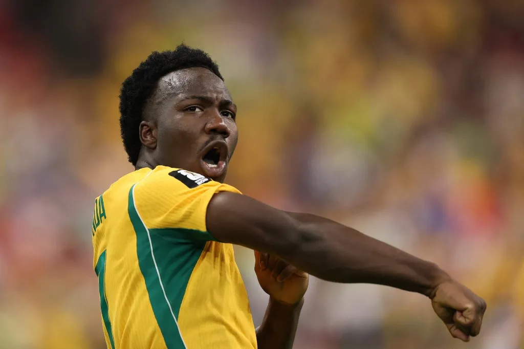 VANCOUVER, BRITISH COLUMBIA - JUNE 13: Nestory Irankunda #17 of Australia celebrates scoring his team's first goal during the FIFA World Cup 2026 Group D match between Australia and Türkiye at BC Place Vancouver on June 13, 2026 in Vancouver, British Columbia.   Stu Forster/Getty Images/AFP (Photo by Stu Forster / GETTY IMAGES NORTH AMERICA / Getty Images via AFP)