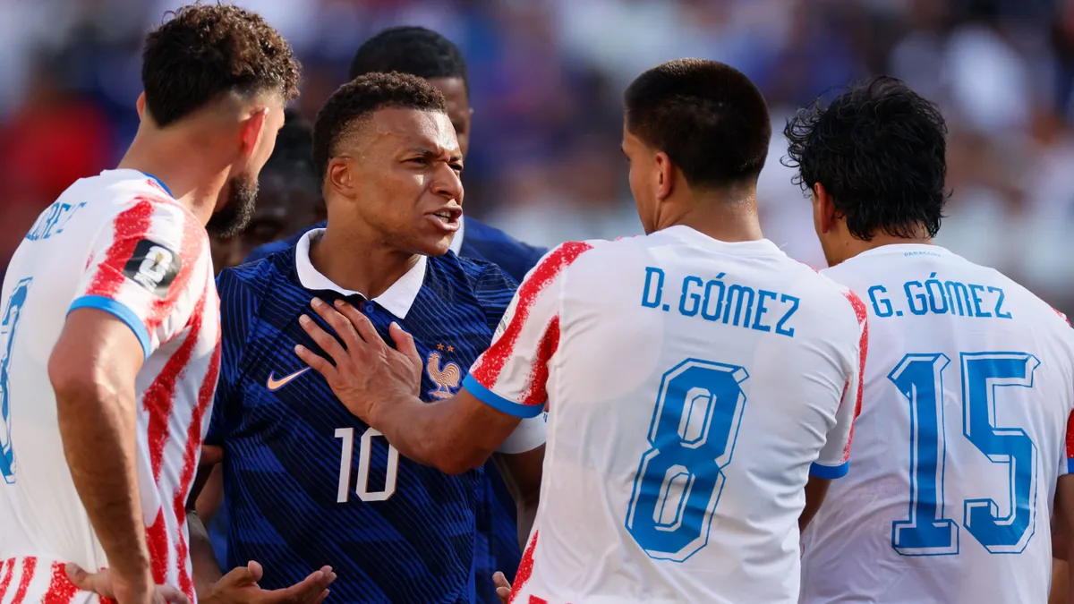 PHILADELPHIA, PENNSYLVANIA - JULY 4: Kylian Mbappe of France and Diego Gomez of Paraguay in incident during the FIFA World Cup 2026 Round Of 16 match between Paraguay and France at Philadelphia Stadium on July 4, 2026 in Philadelphia, Pennsylvania. (Photo by Richard Sellers/Sportsphoto/Allstar via Getty Images)