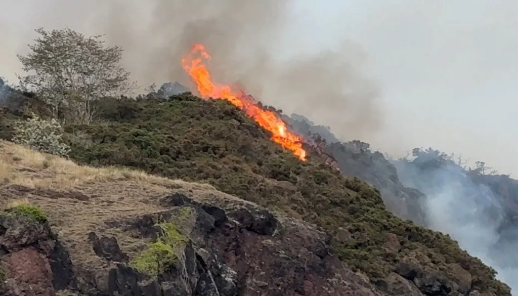 2025 nyarán szintén tűz ütött ki Edinburgh belvárosában, az Arthur’s Seatnél. EDINBURGH, SCOTLAND - AUGUST 10: Flames rises after  fire broke out on Arthur's Seat, in the center of Edinburgh, Scotland on August 10, 2025. Oguz Kagan Meydan / Anadolu (Photo by Oguz Kagan Meydan / Anadolu via AFP)