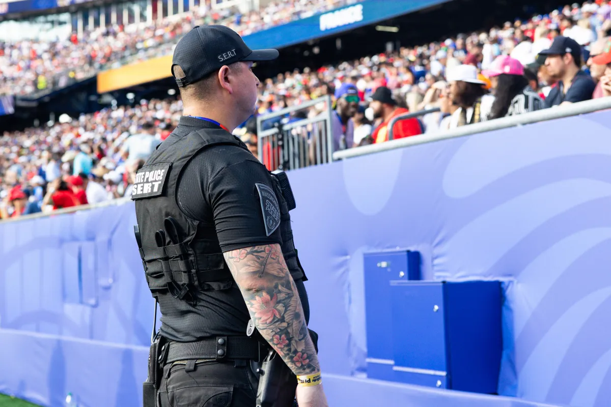 July 9, 2026, Foxborough, Ma, United States: Enhanced security inside the stadium during the FIFA World Cup quarterfinal match between France and Morocco, at Boston Stadium, in Foxborough, United States, on Thursday, July 09, 2026. (Credit Image: © William Volcov/ZUMA Press Wire)