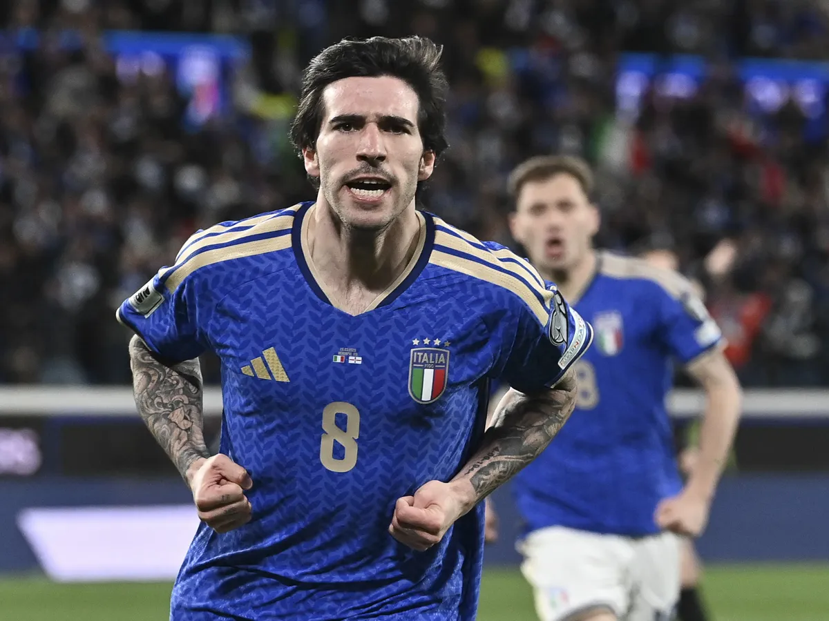 BERGAMO, ITALY, MARCH 26:
Sandro Tonali, of Italy, celebrates after scoring during the FIFA World Cup 2026 European qualifier play-off football match between Italy and Northern Ireland at the Stadio di Bergamo, Italy, on March 26, 2026. Isabella Bonotto / Anadolu (Photo by Isabella Bonotto / Anadolu via AFP)