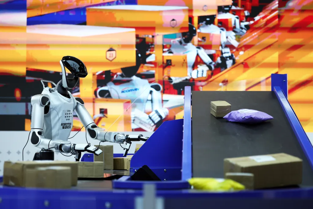 SHANGHAI, CHINA - JULY 17: A humanoid robot sorts parcels during the 2026 World AI Conference and High-Level Meeting on Global AI Governance on July 17, 2026 in Shanghai, China. Themed "AI Partnership for a Brighter Future," the event will include more th