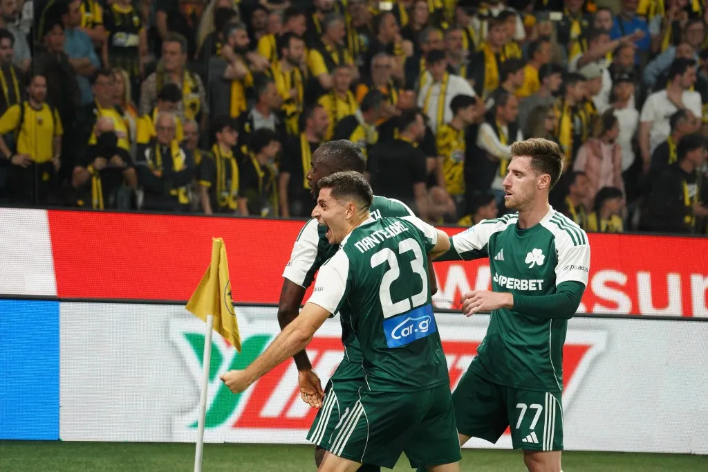 Pavlos Pantelidis celebrates a Panathinaikos goal during the AEK vs Panathinaikos match for the 4th round of the Greek Super League playoffs on May 10, 2026. (Photo by Giorgos Arapekos/NurPhoto) (Photo by Giorgos Arapekos / NurPhoto via AFP)