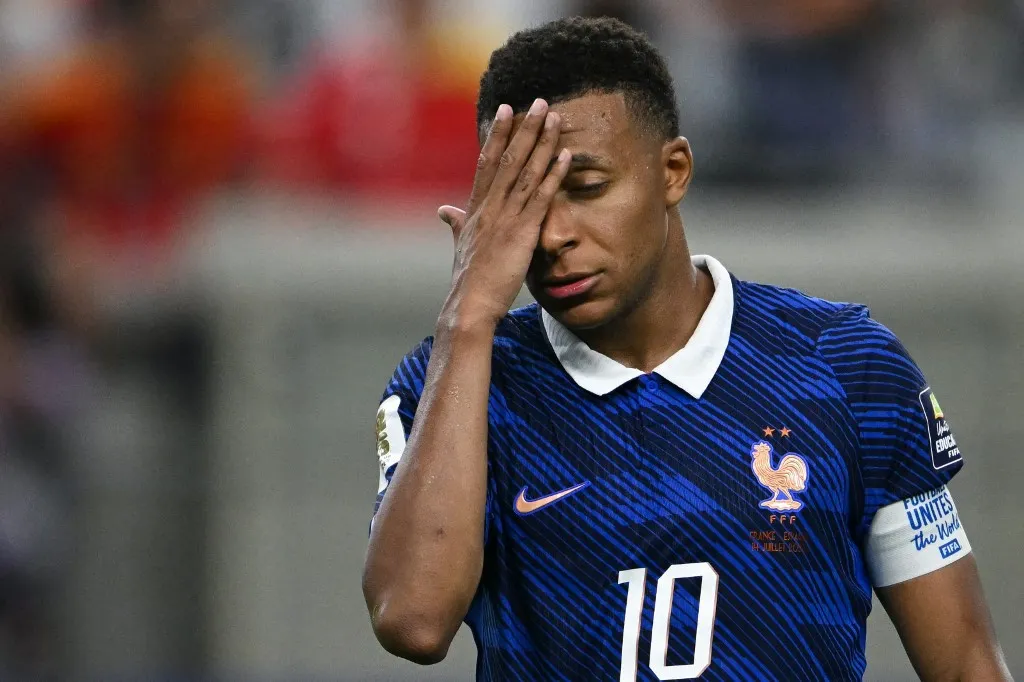 France's forward #10 Kylian Mbappe reacts during the 2026 World Cup football tournament semi-final match between France and Spain at the Dallas Stadium in Arlington on July 14, 2026.  (Photo by RONALDO SCHEMIDT / AFP)