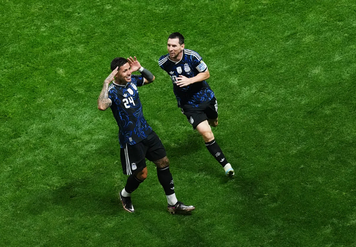 Argentina's Enzo Fernandez celebrates scoring his sides first goal to level the score at 1-1 during the FIFA World Cup 2026 semi-final match at the Atlanta Stadium. Picture date: Wednesday July 15, 2026.